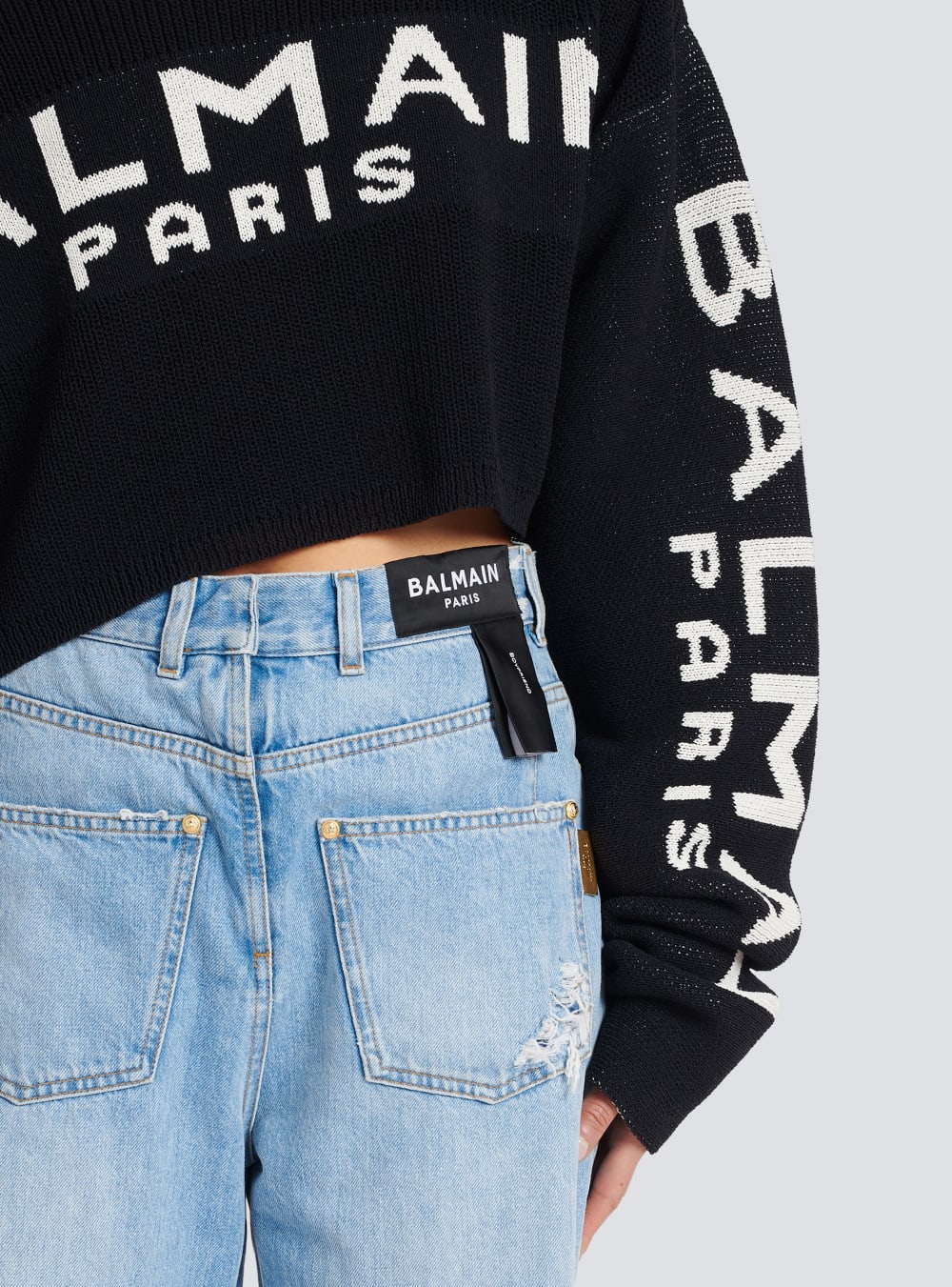 Women's Balmain Cropped Knit With Graffiti Logo Print Jumpers Black | USA Vpte7yAC