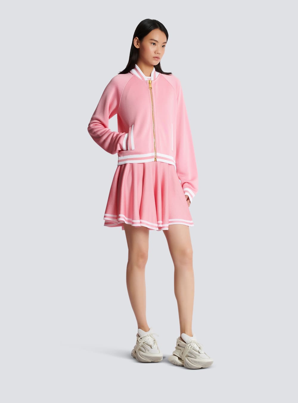 Women's Balmain Cropped Knitted Varsity With Striped Details Jackets Pink | USA HgSmzUjP