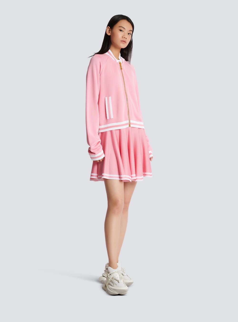 Women's Balmain Cropped Knitted Varsity With Striped Details Jackets Pink | USA HgSmzUjP