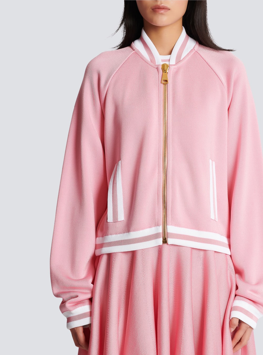 Women's Balmain Cropped Knitted Varsity With Striped Details Jackets Pink | USA HgSmzUjP