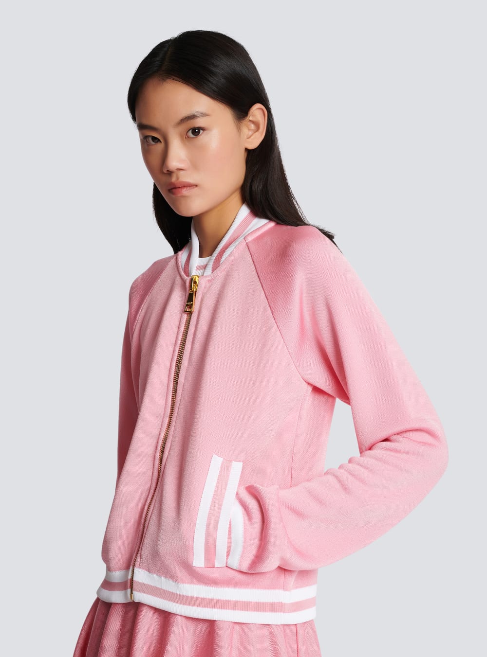 Women's Balmain Cropped Knitted Varsity With Striped Details Jackets Pink | USA HgSmzUjP