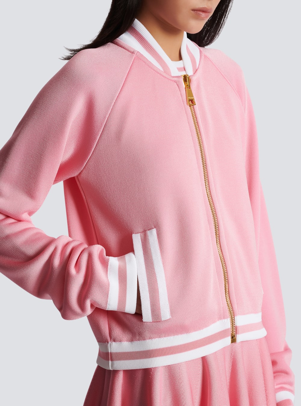 Women's Balmain Cropped Knitted Varsity With Striped Details Jackets Pink | USA HgSmzUjP