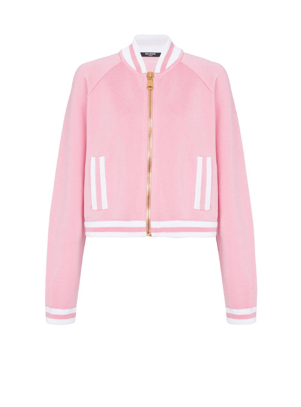 Women\'s Balmain Cropped Knitted Varsity With Striped Details Jackets Pink | USA HgSmzUjP