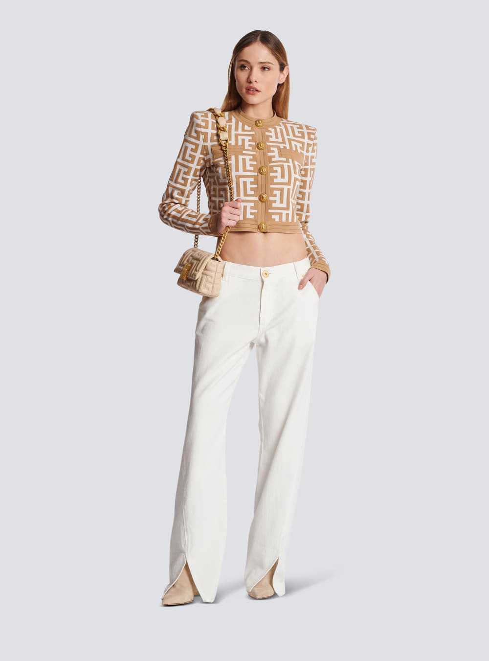 Women's Balmain Cropped Knitted With Maxi Monogram Cardigan Beige | USA 5uMZL2PH