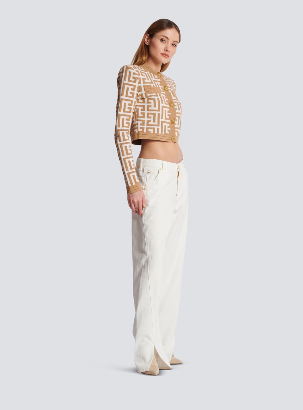 Women's Balmain Cropped Knitted With Maxi Monogram Cardigan Beige | USA 5uMZL2PH