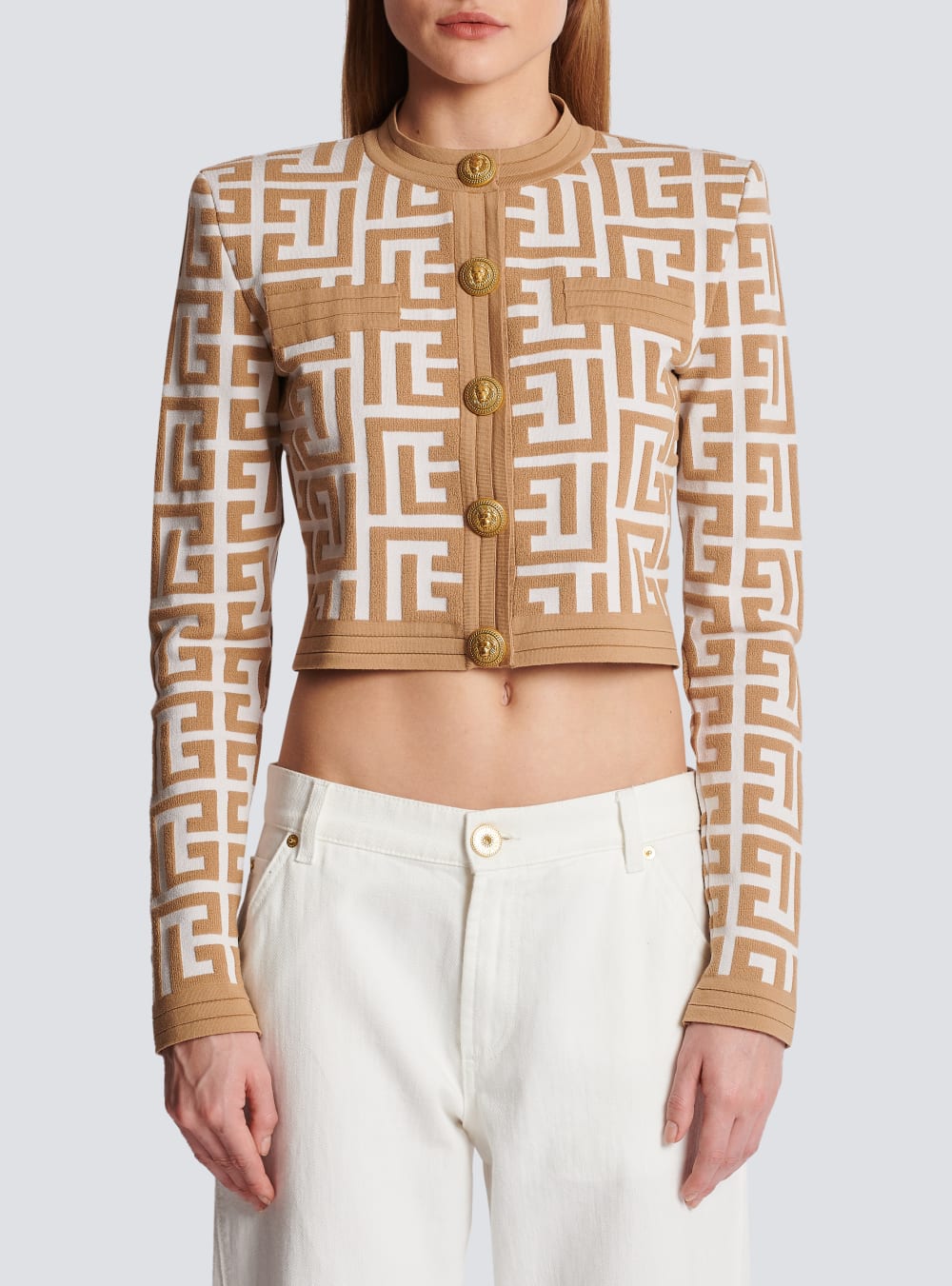 Women's Balmain Cropped Knitted With Maxi Monogram Cardigan Beige | USA 5uMZL2PH