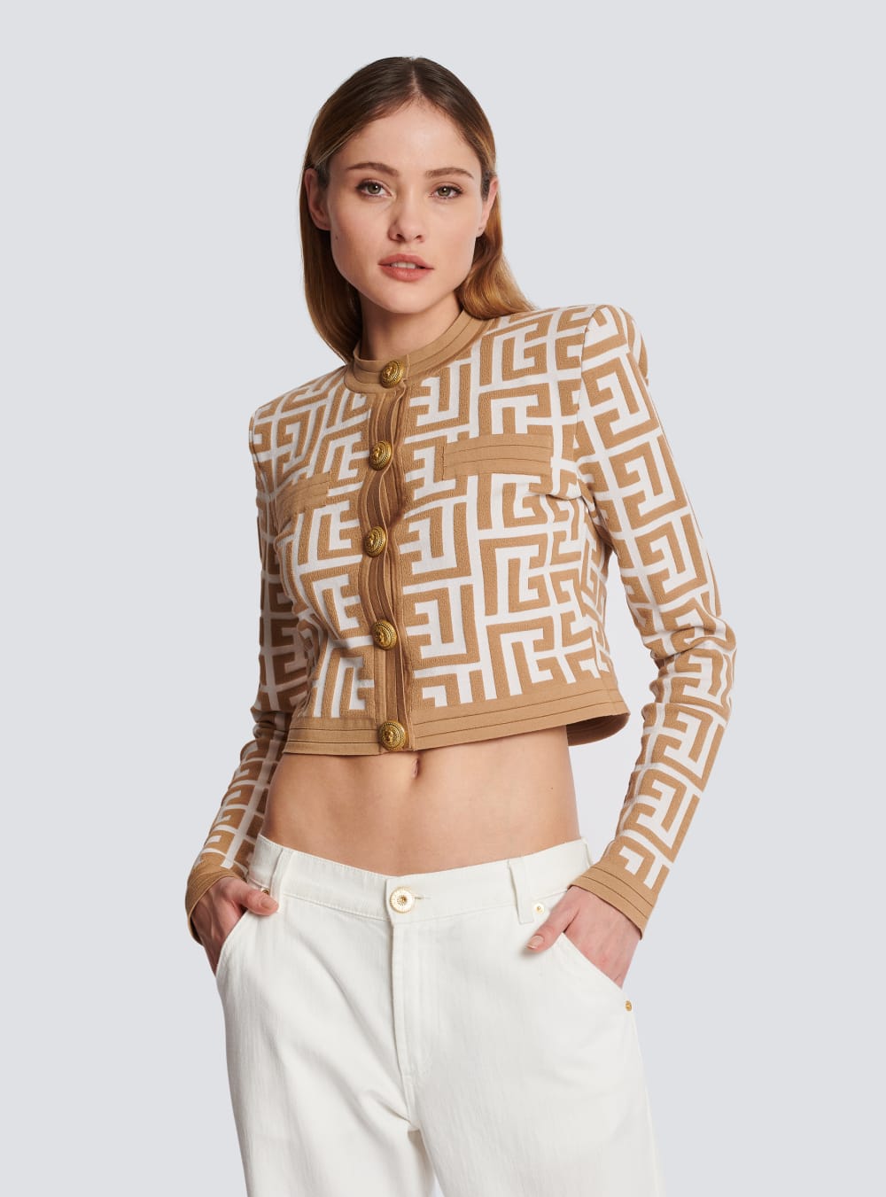 Women's Balmain Cropped Knitted With Maxi Monogram Cardigan Beige | USA 5uMZL2PH