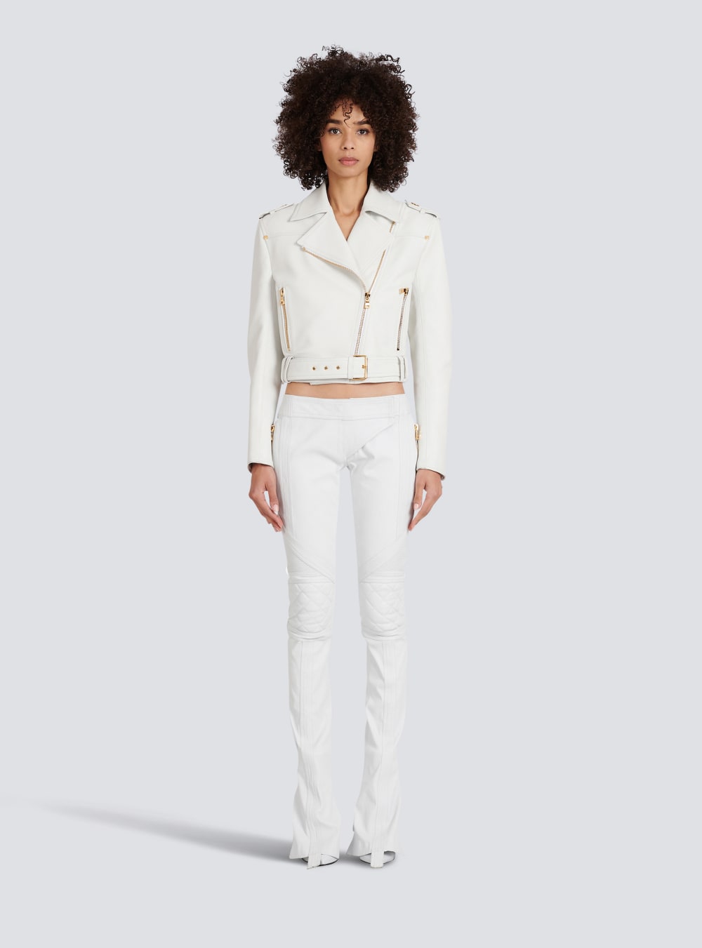 Women's Balmain Cropped Leather Biker Jackets White | USA L6YBbPAo