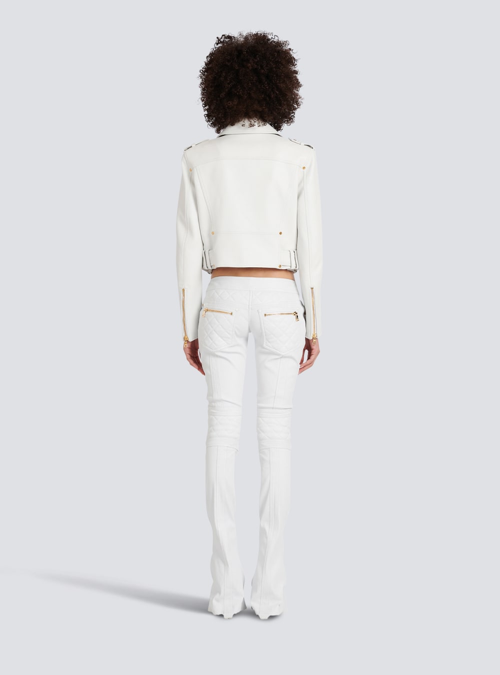 Women's Balmain Cropped Leather Biker Jackets White | USA L6YBbPAo