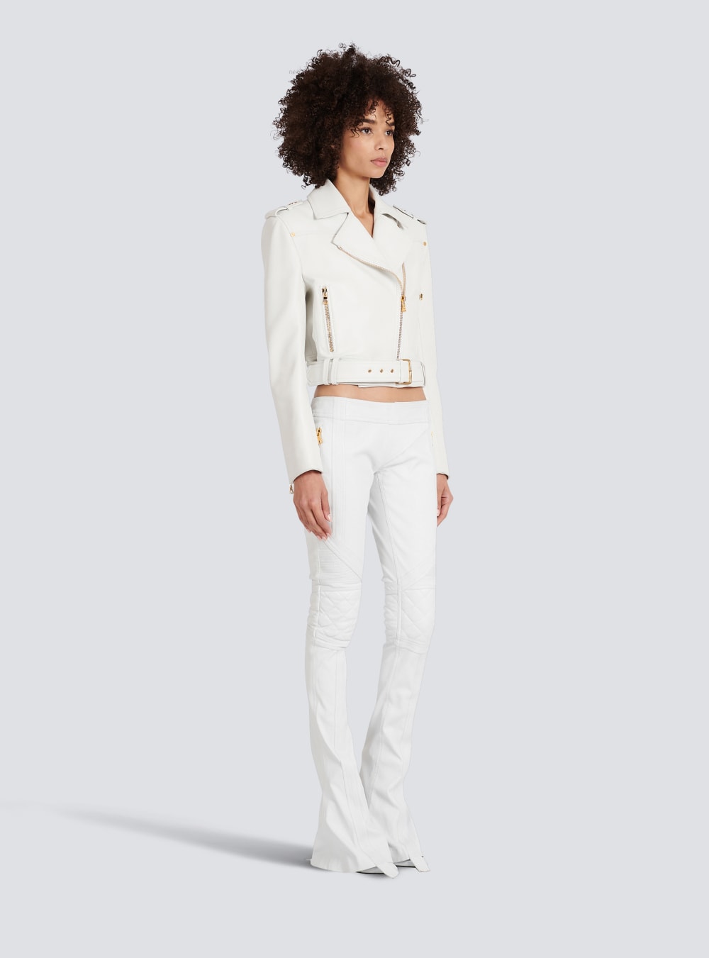 Women's Balmain Cropped Leather Biker Jackets White | USA L6YBbPAo