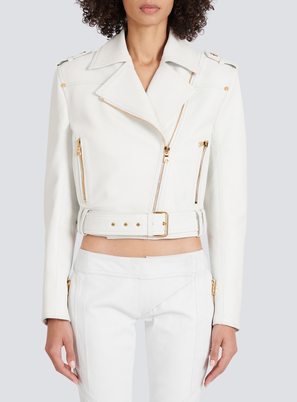 Women's Balmain Cropped Leather Biker Jackets White | USA L6YBbPAo