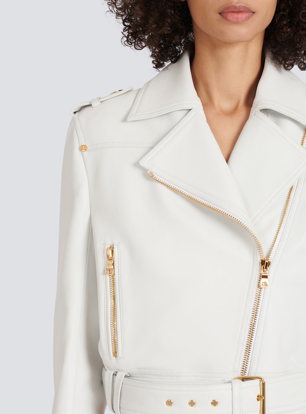 Women's Balmain Cropped Leather Biker Jackets White | USA L6YBbPAo