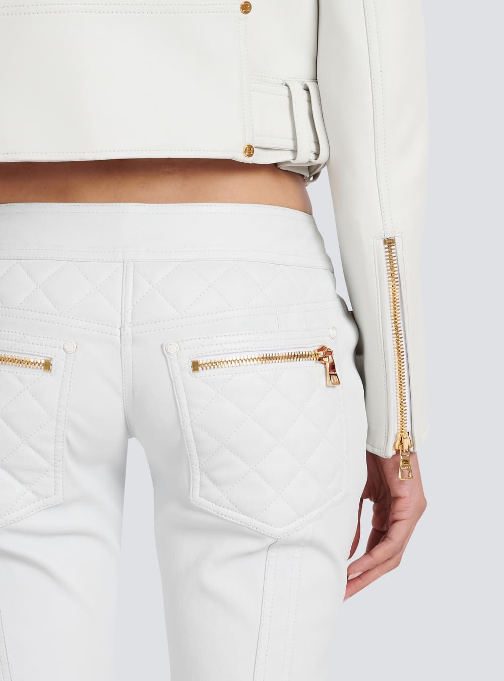 Women's Balmain Cropped Leather Biker Jackets White | USA L6YBbPAo