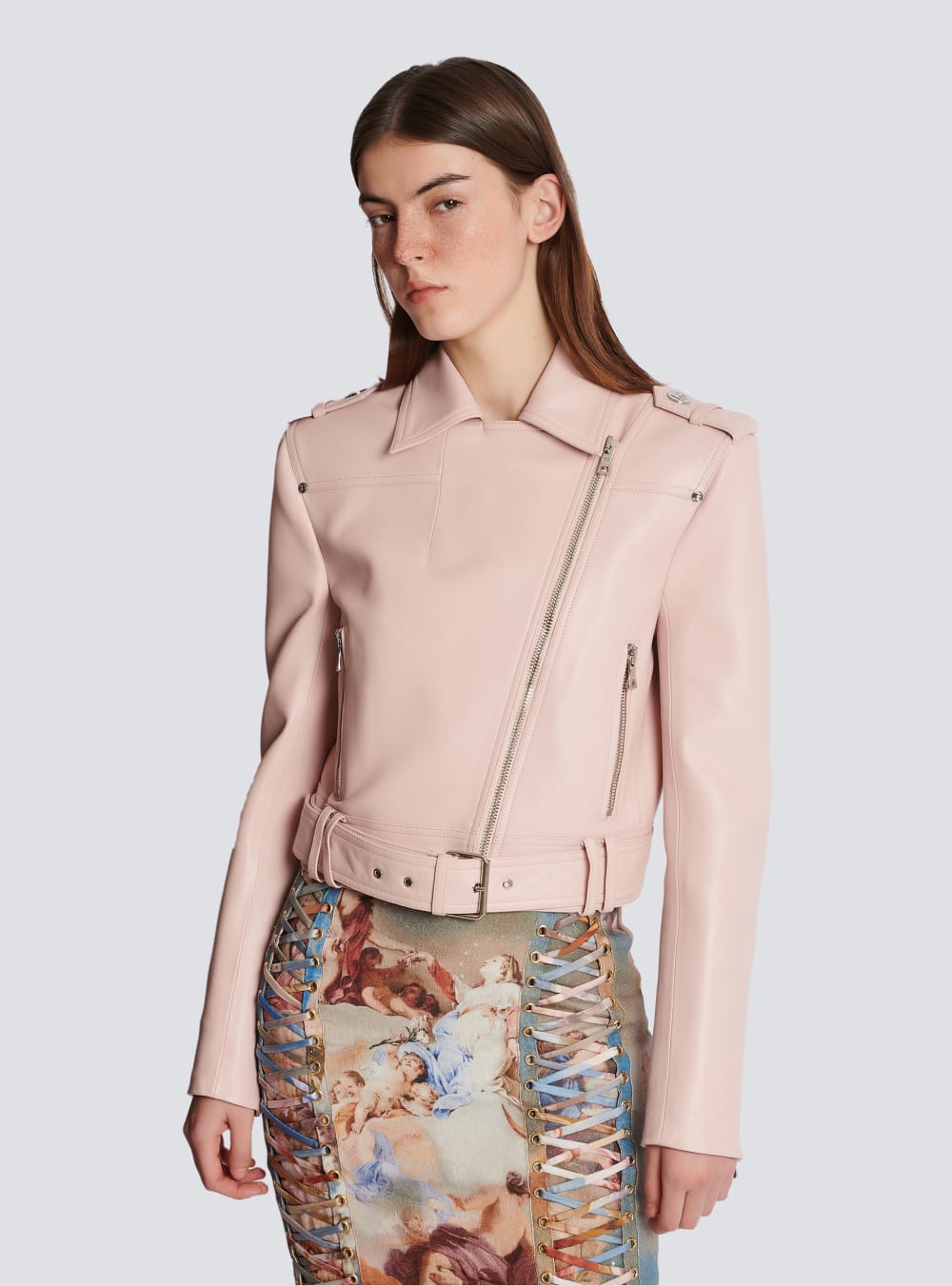 Women's Balmain Cropped Leather Biker Jackets Pink | USA YbAS2431