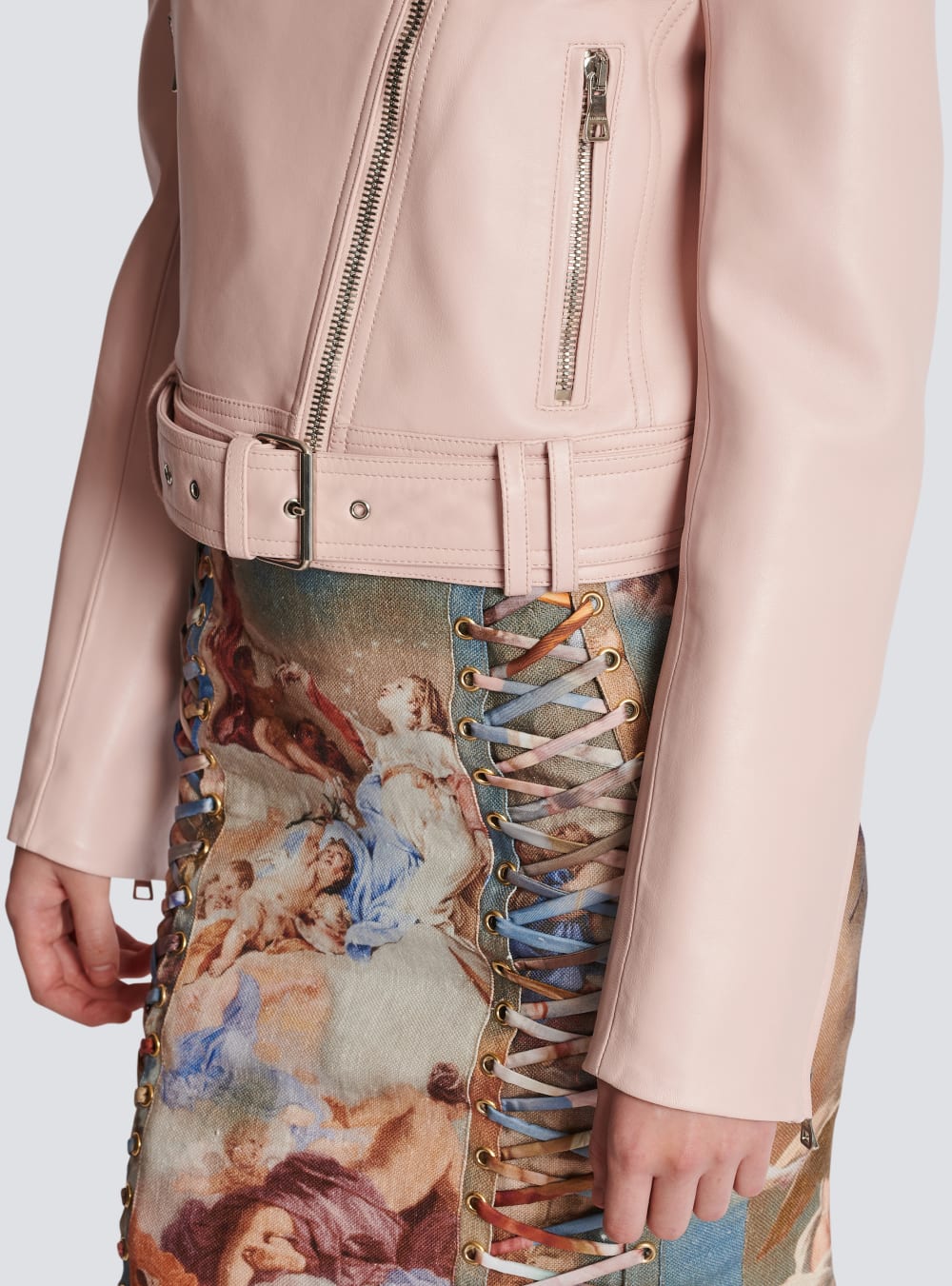 Women's Balmain Cropped Leather Biker Jackets Pink | USA YbAS2431