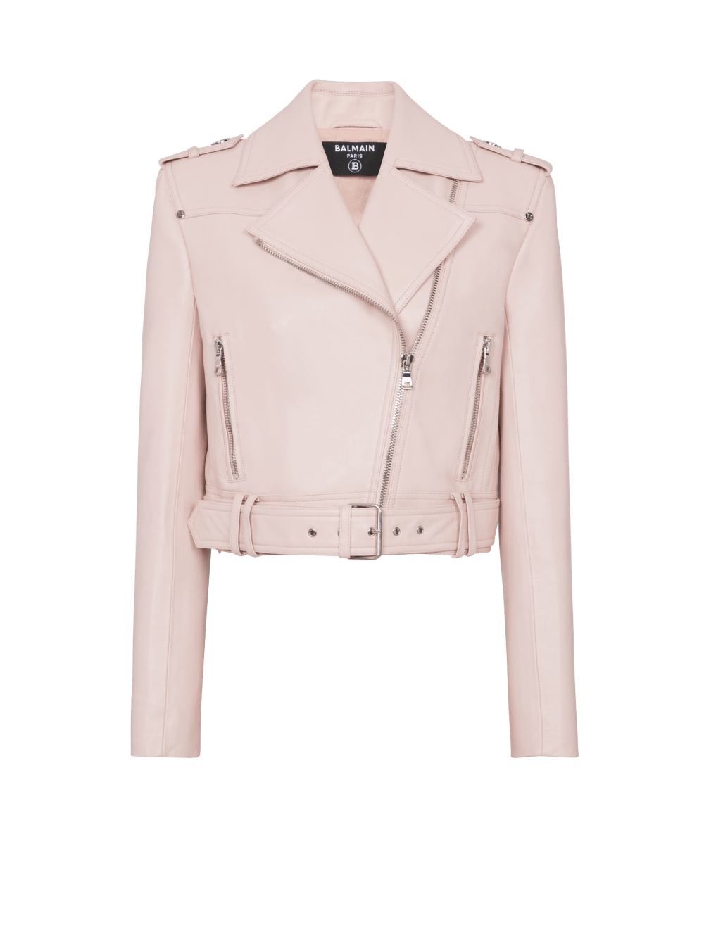 Women\'s Balmain Cropped Leather Biker Jackets Pink | USA YbAS2431