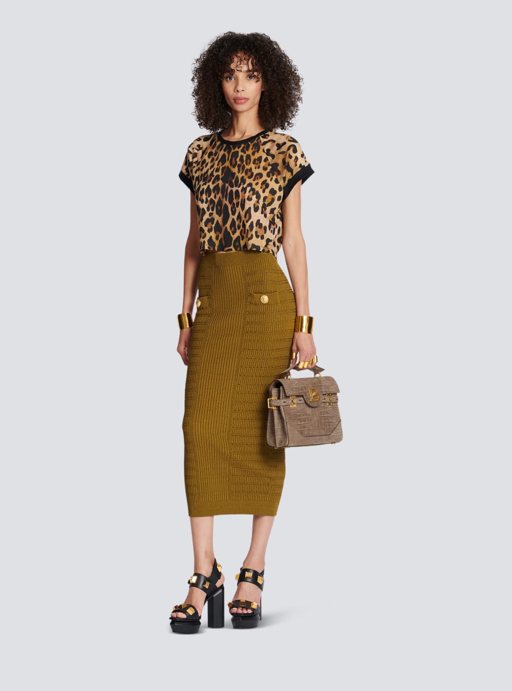 Women's Balmain Cropped Linen With Leopard Print T Shirts Brown | USA 5OUdrdu7