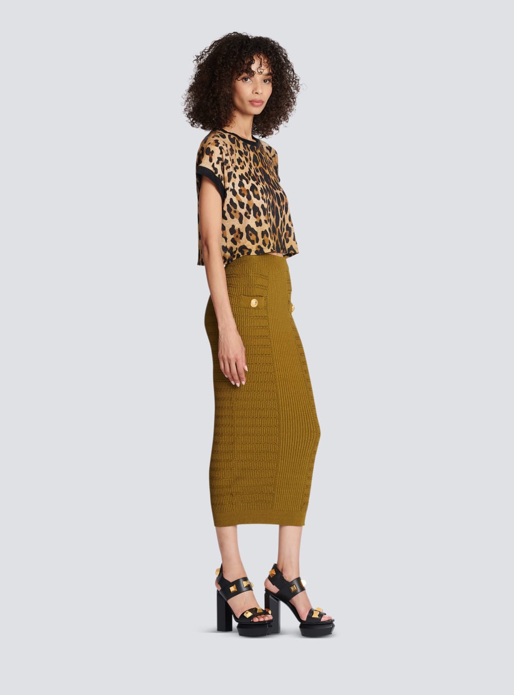 Women's Balmain Cropped Linen With Leopard Print T Shirts Brown | USA 5OUdrdu7