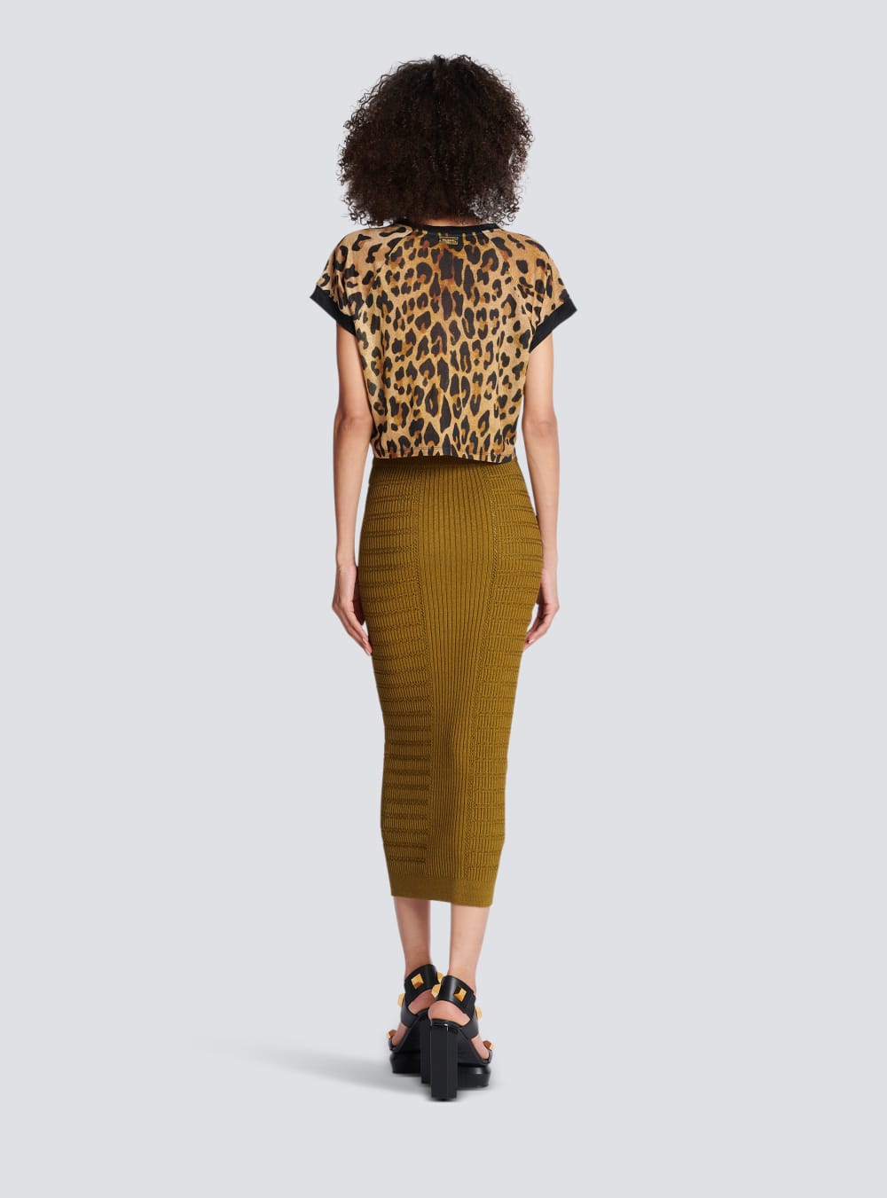 Women's Balmain Cropped Linen With Leopard Print T Shirts Brown | USA 5OUdrdu7