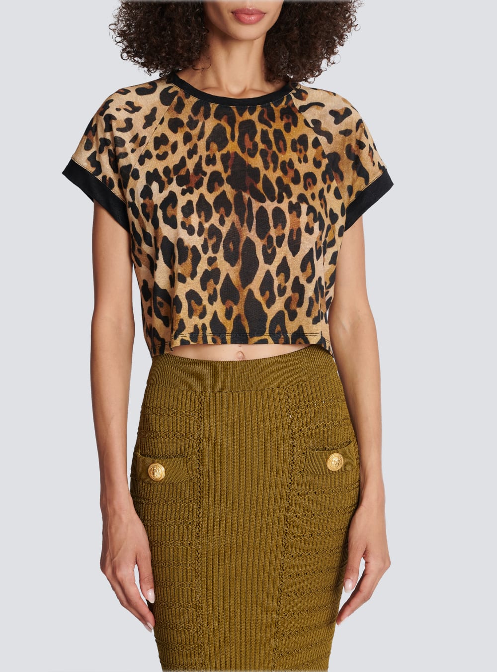 Women's Balmain Cropped Linen With Leopard Print T Shirts Brown | USA 5OUdrdu7