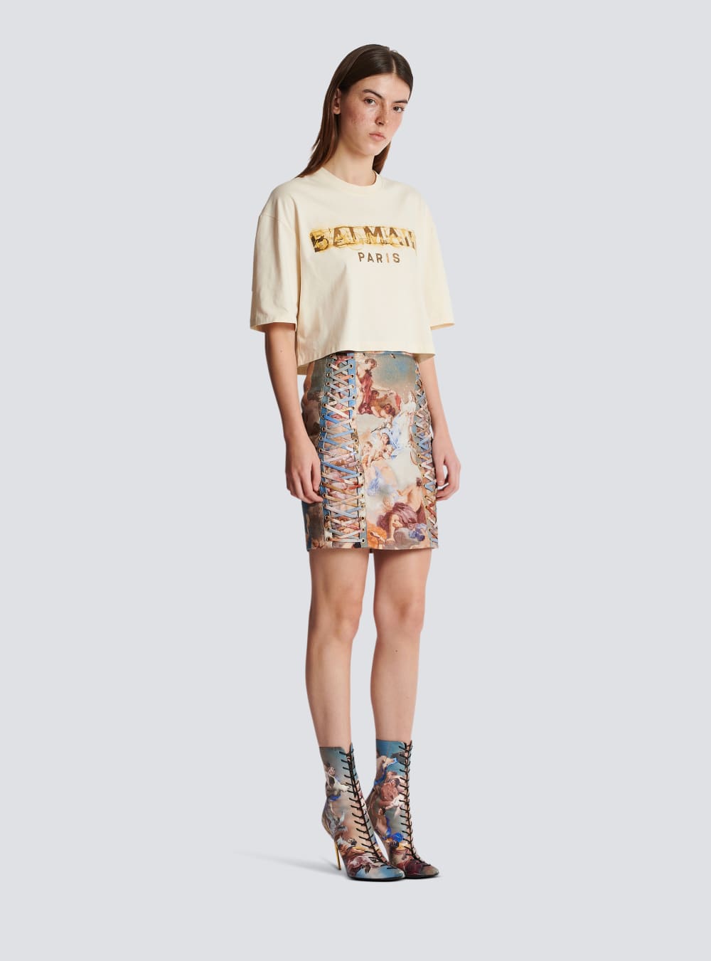 Women's Balmain Cropped Metallic Print T Shirts Beige | USA VXf8p7oR