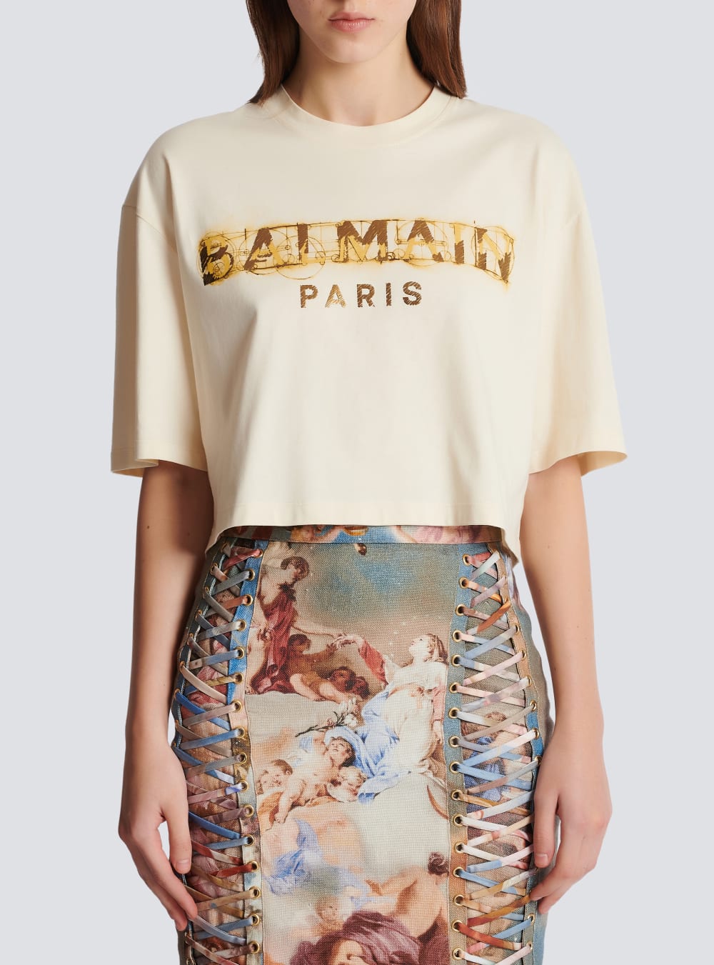 Women's Balmain Cropped Metallic Print T Shirts Beige | USA VXf8p7oR