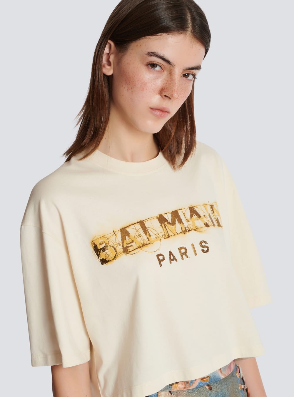 Women's Balmain Cropped Metallic Print T Shirts Beige | USA VXf8p7oR