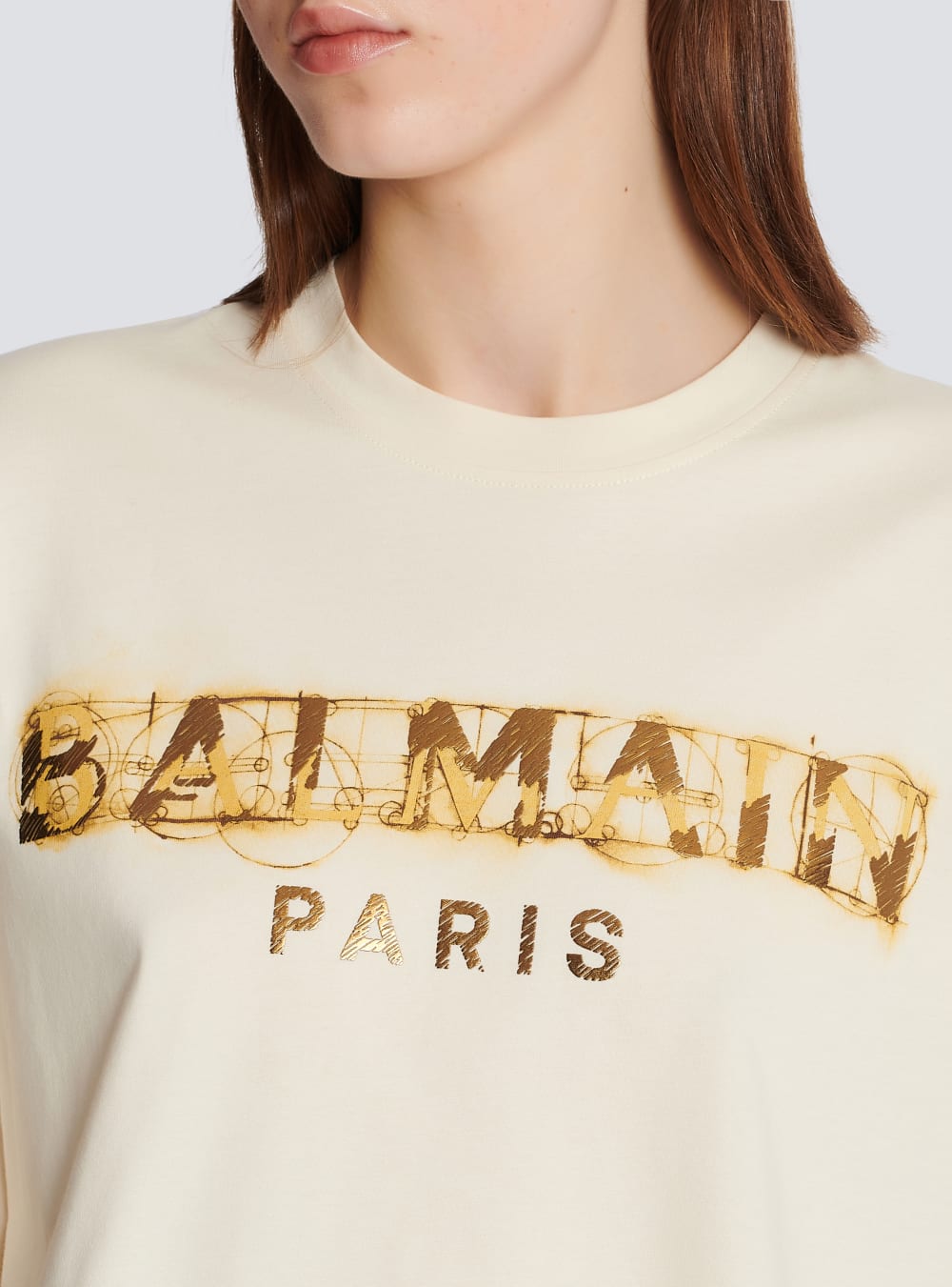 Women's Balmain Cropped Metallic Print T Shirts Beige | USA VXf8p7oR