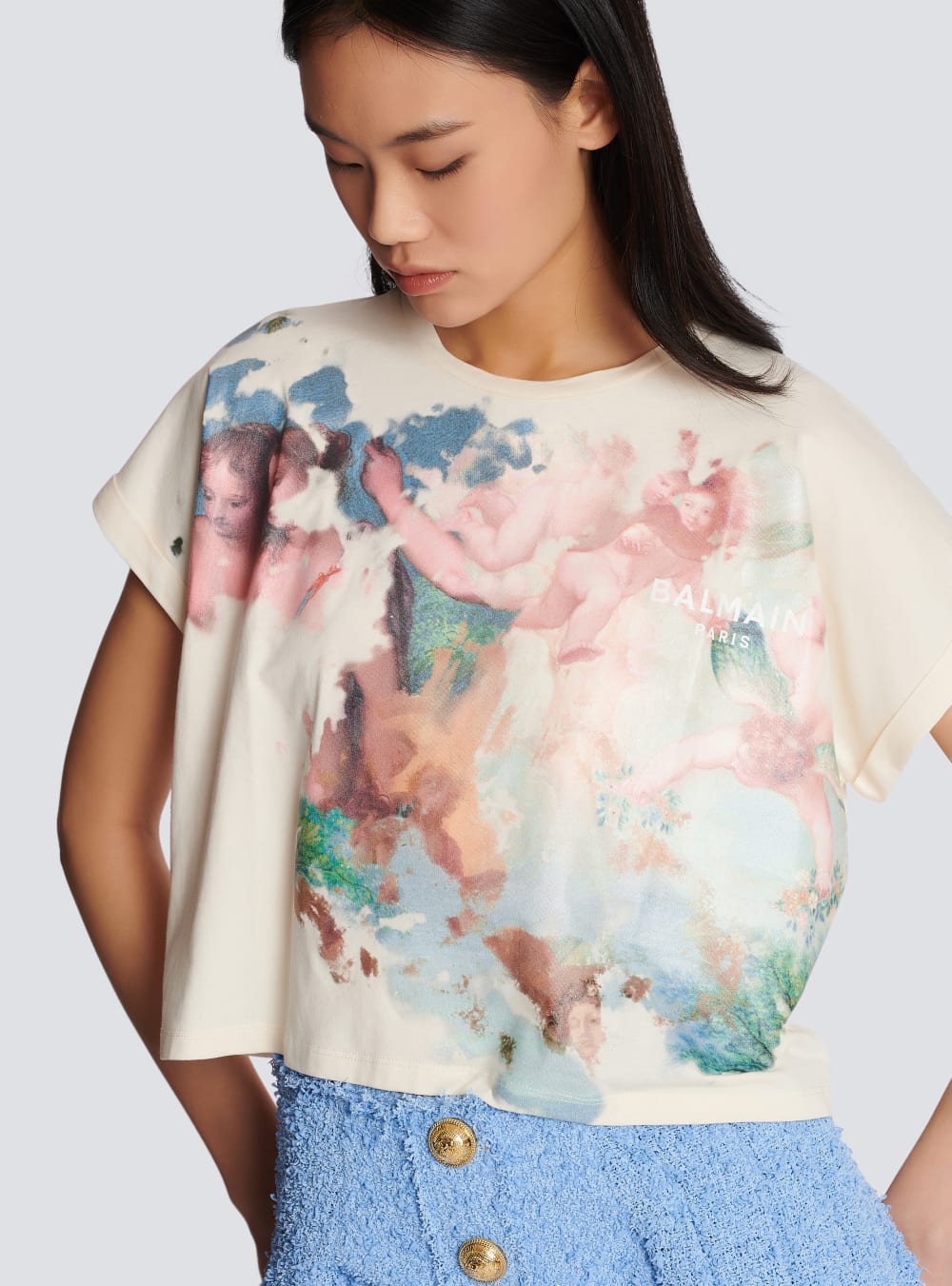 Women's Balmain Cropped Pastel Print T Shirts Multicolor | USA 9YdxMluu