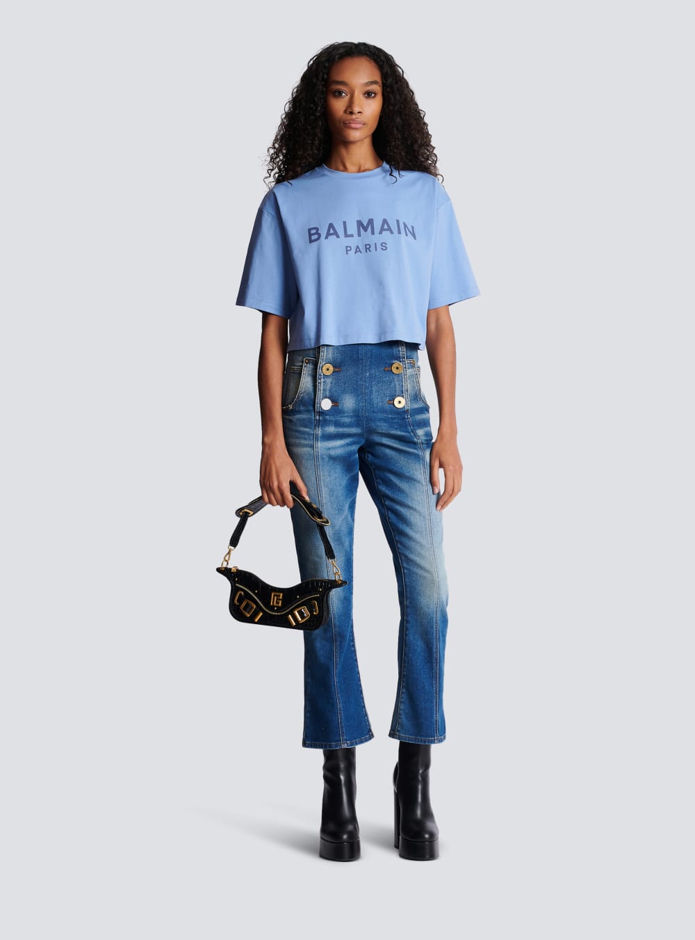 Women's Balmain Cropped Printed Logo T Shirts Blue | USA SgQfd9xL