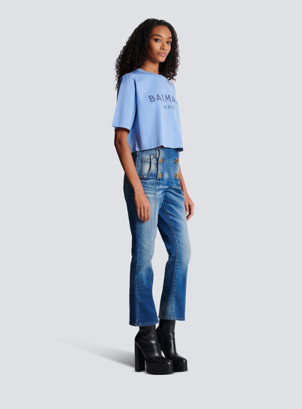 Women's Balmain Cropped Printed Logo T Shirts Blue | USA SgQfd9xL