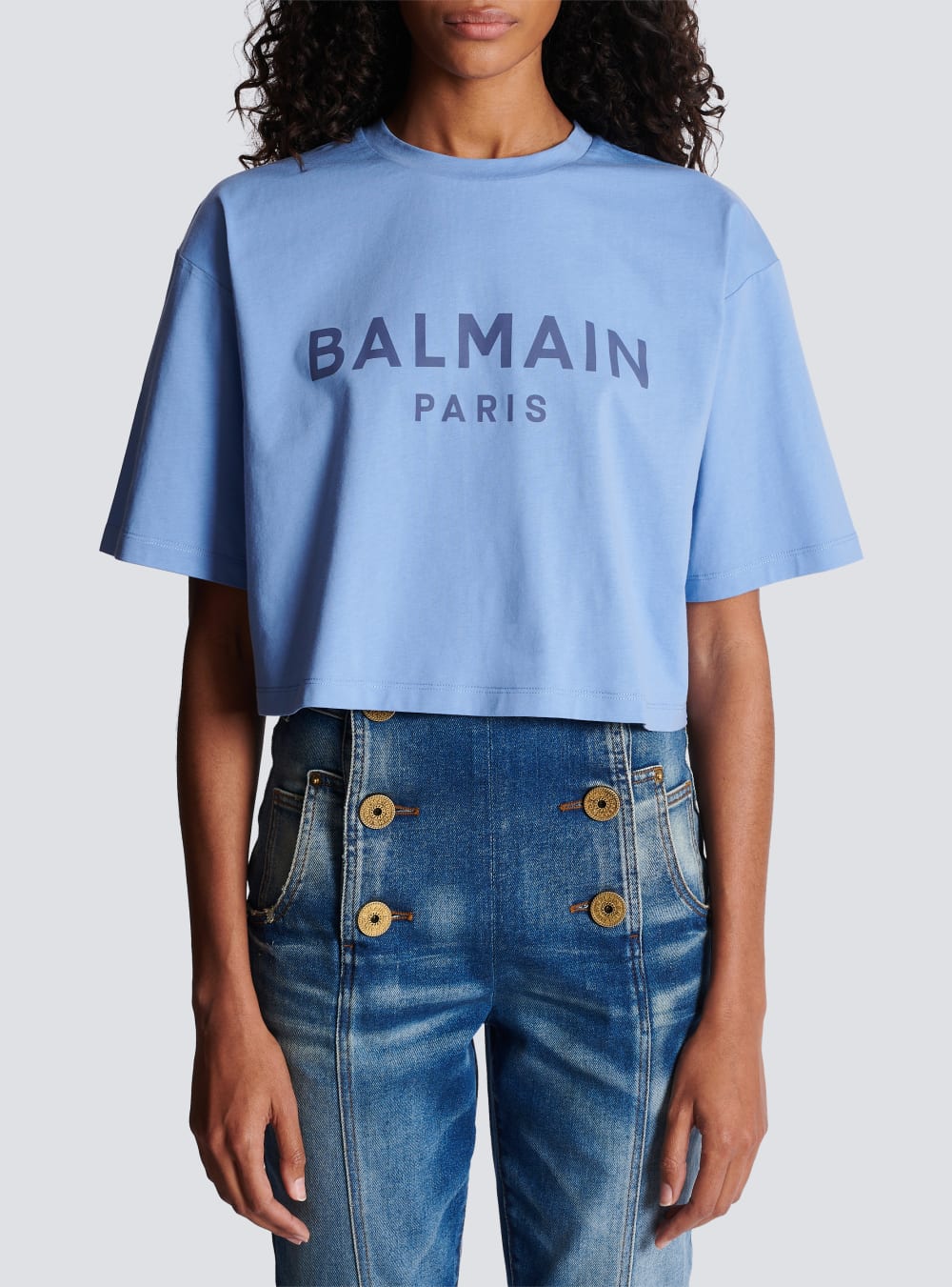 Women's Balmain Cropped Printed Logo T Shirts Blue | USA SgQfd9xL