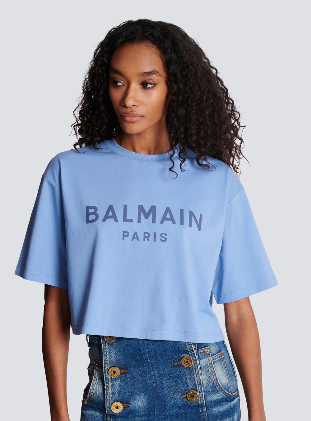 Women's Balmain Cropped Printed Logo T Shirts Blue | USA SgQfd9xL