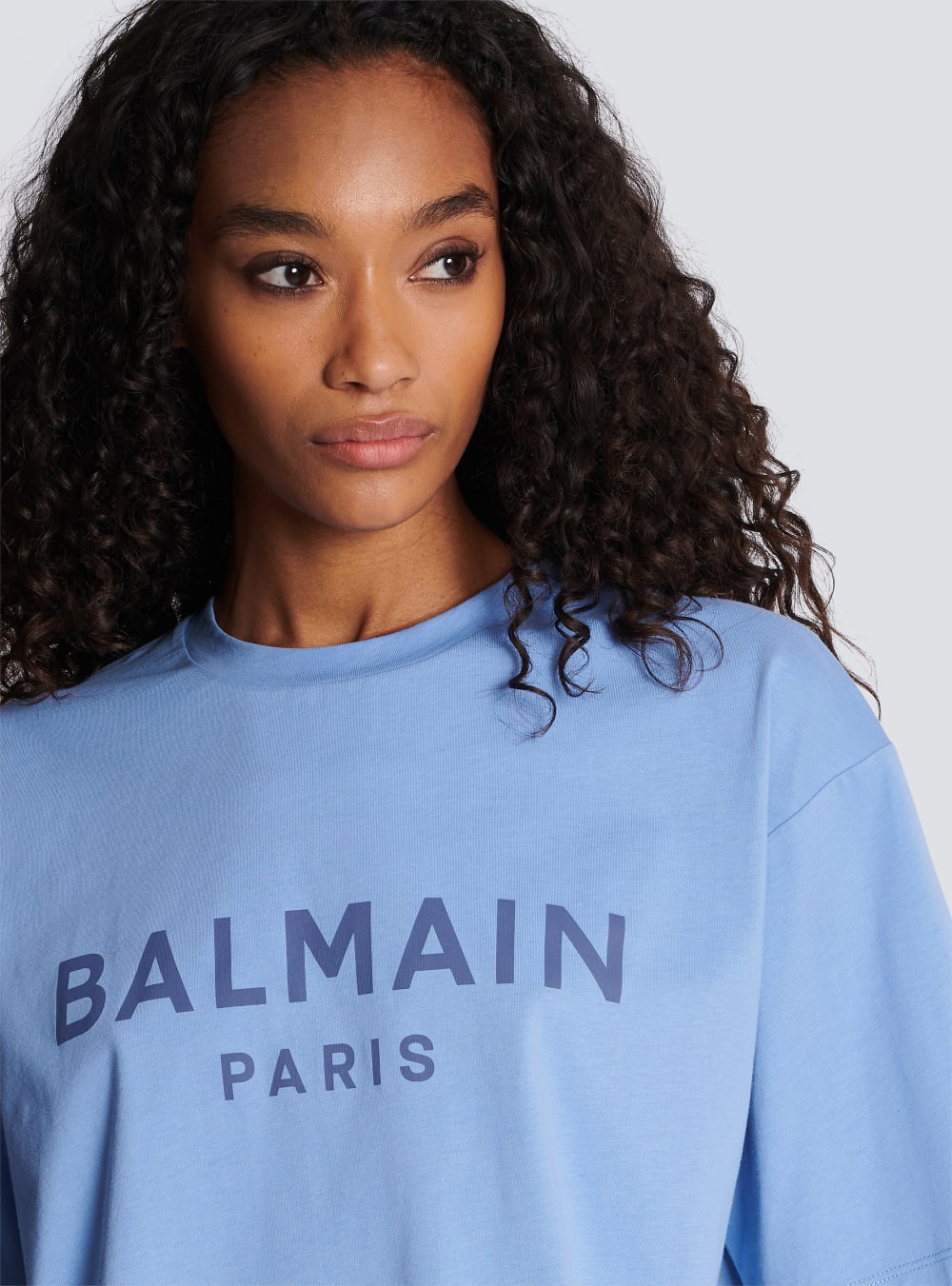 Women's Balmain Cropped Printed Logo T Shirts Blue | USA SgQfd9xL