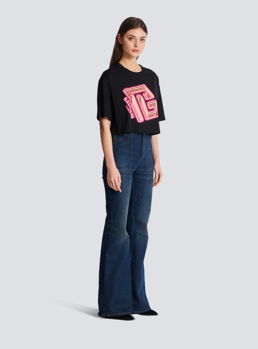 Women's Balmain Cropped With Neon Printed Labyrinth Logo T Shirts Black | USA 8kUX8Lp4