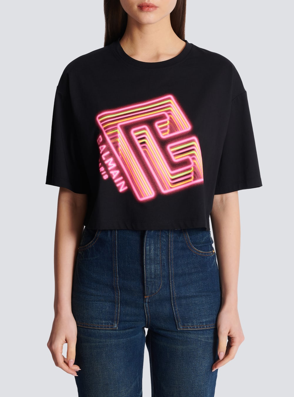 Women's Balmain Cropped With Neon Printed Labyrinth Logo T Shirts Black | USA 8kUX8Lp4