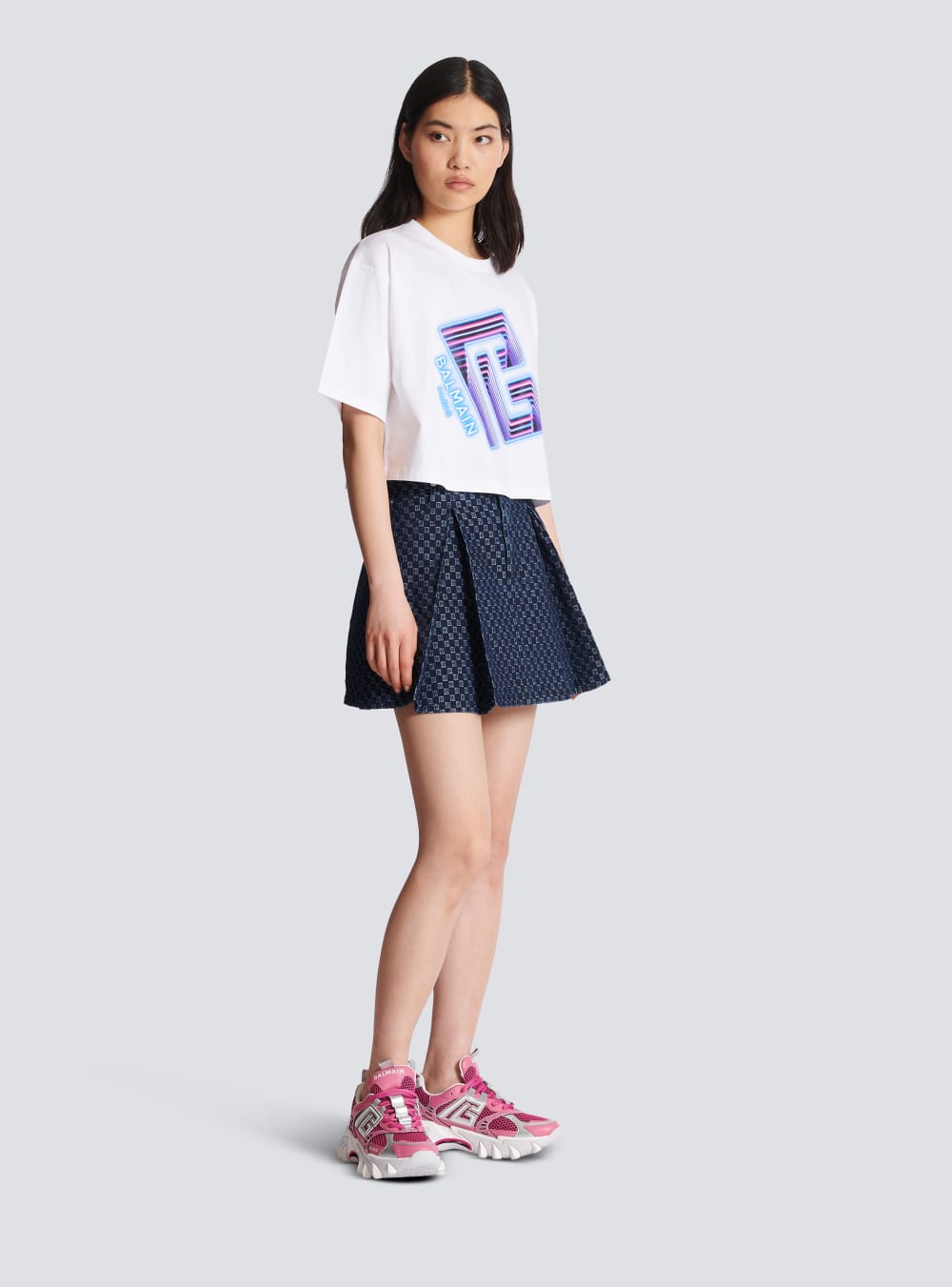 Women's Balmain Cropped With Neon Printed Labyrinth Logo T Shirts White | USA EObSeiZ2