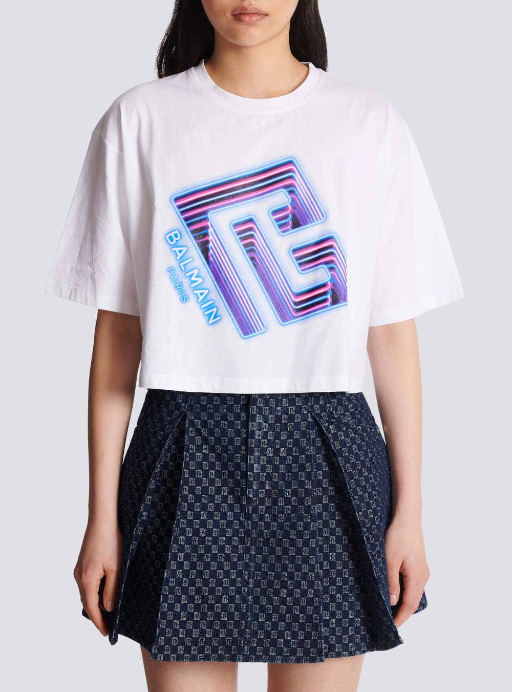 Women's Balmain Cropped With Neon Printed Labyrinth Logo T Shirts White | USA EObSeiZ2