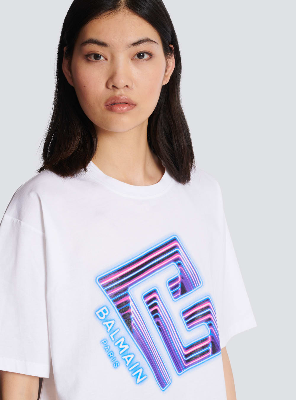 Women's Balmain Cropped With Neon Printed Labyrinth Logo T Shirts White | USA EObSeiZ2