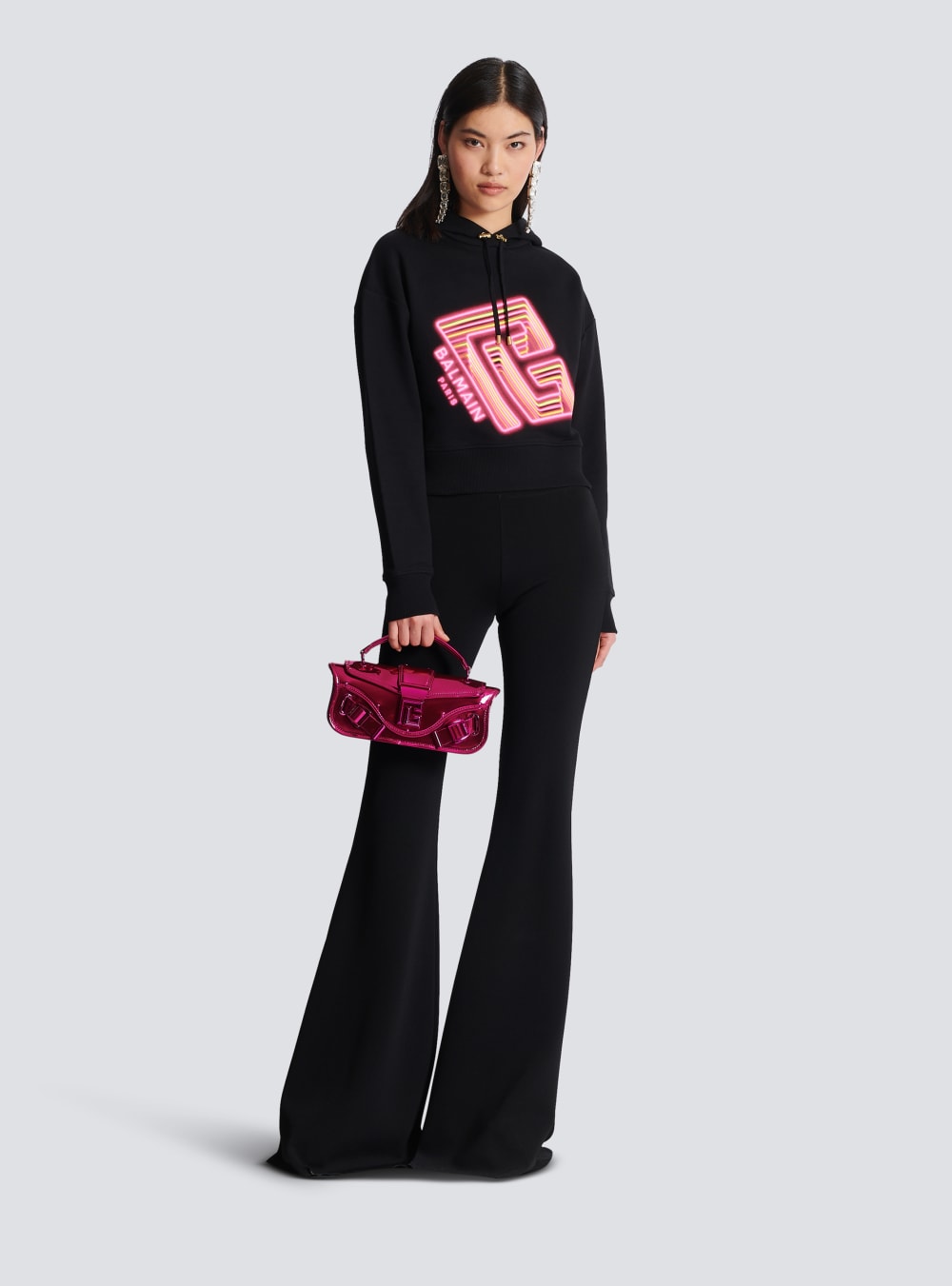 Women's Balmain Cropped With Neon Printed Labyrinth Logo Sweatshirts Black | USA fnlQdjua