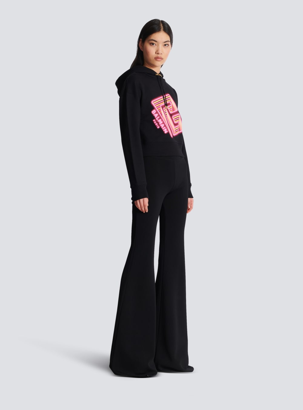 Women's Balmain Cropped With Neon Printed Labyrinth Logo Sweatshirts Black | USA fnlQdjua