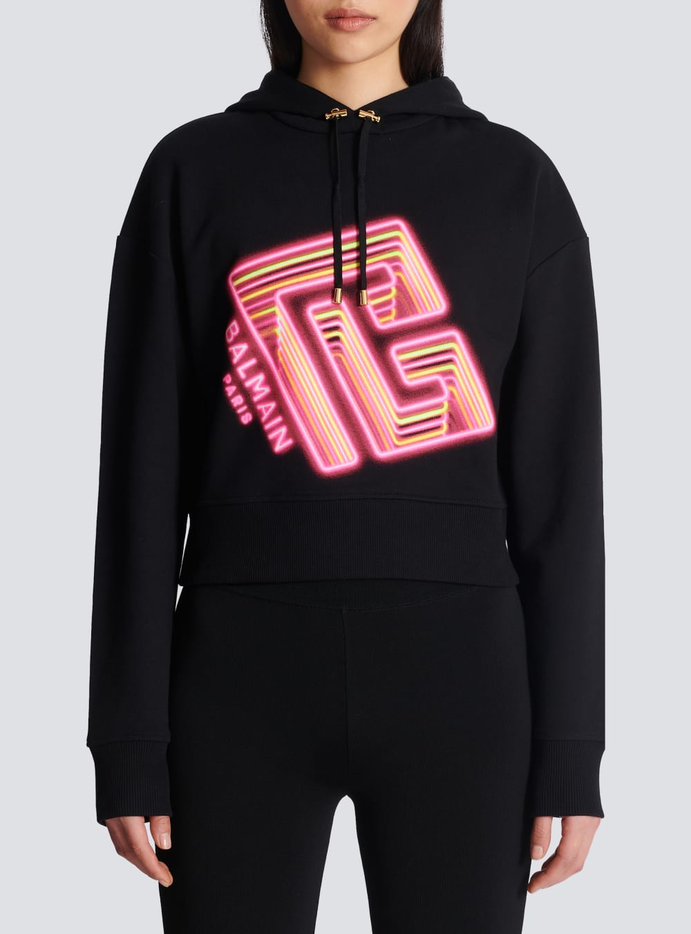 Women's Balmain Cropped With Neon Printed Labyrinth Logo Sweatshirts Black | USA fnlQdjua