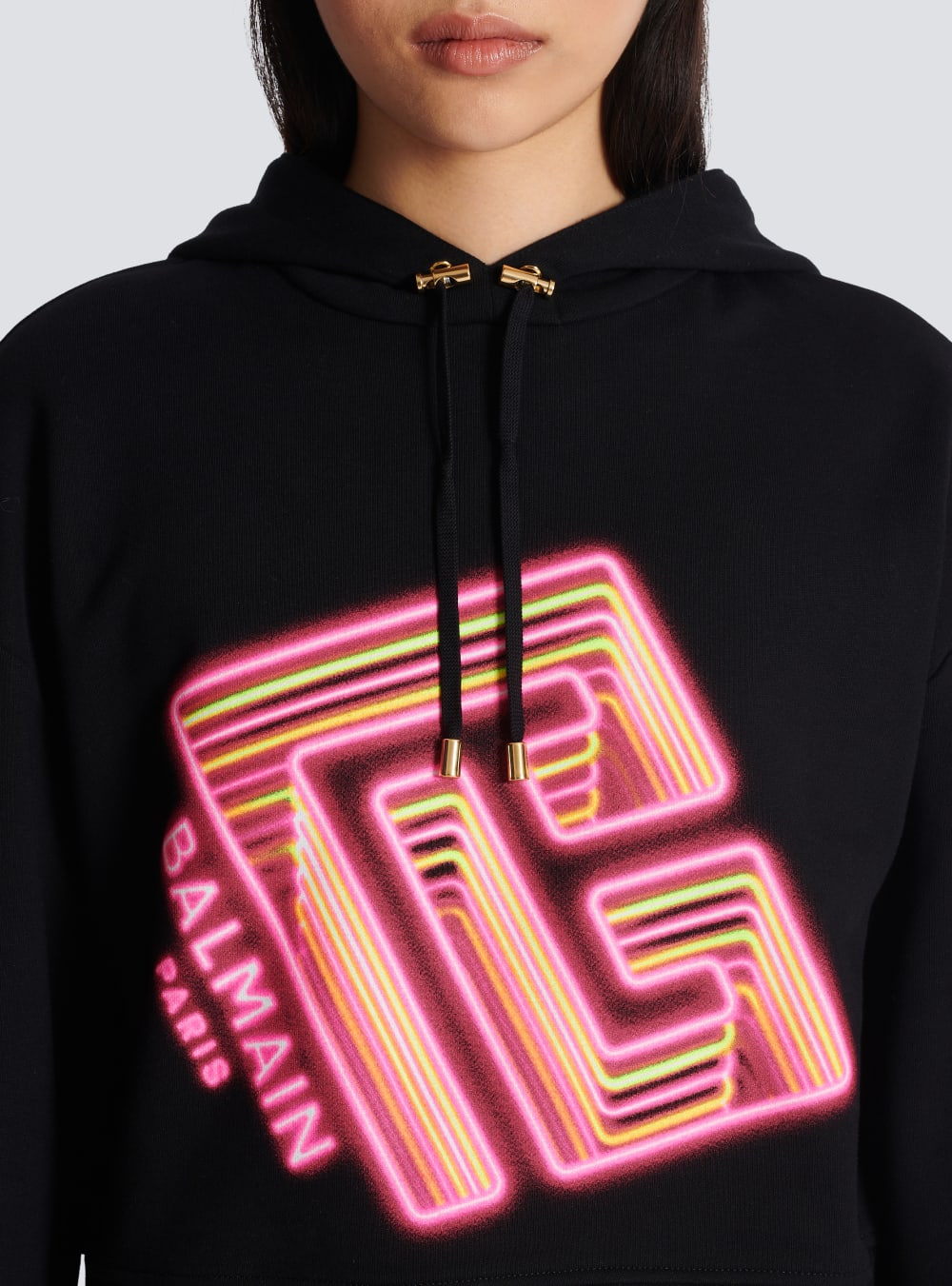 Women's Balmain Cropped With Neon Printed Labyrinth Logo Sweatshirts Black | USA fnlQdjua