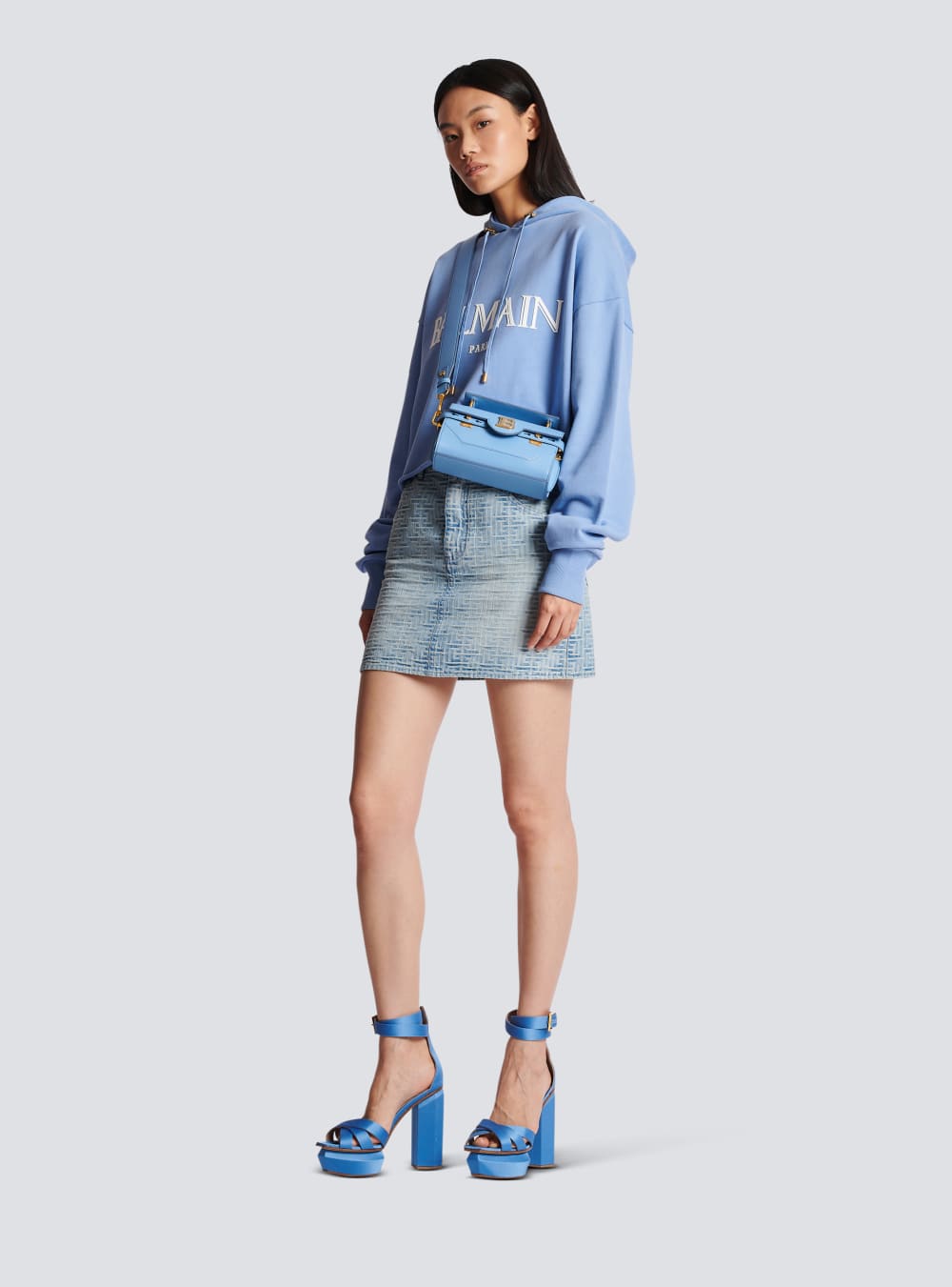 Women's Balmain Cropped With Rubber Roman Logo Sweatshirts Blue | USA BmZ4nBNE