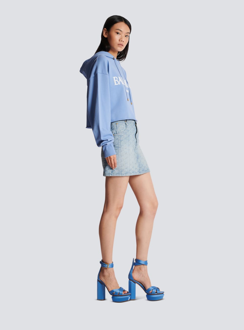 Women's Balmain Cropped With Rubber Roman Logo Sweatshirts Blue | USA BmZ4nBNE