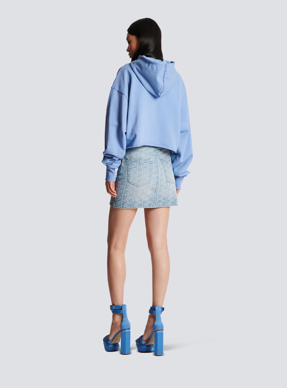 Women's Balmain Cropped With Rubber Roman Logo Sweatshirts Blue | USA BmZ4nBNE