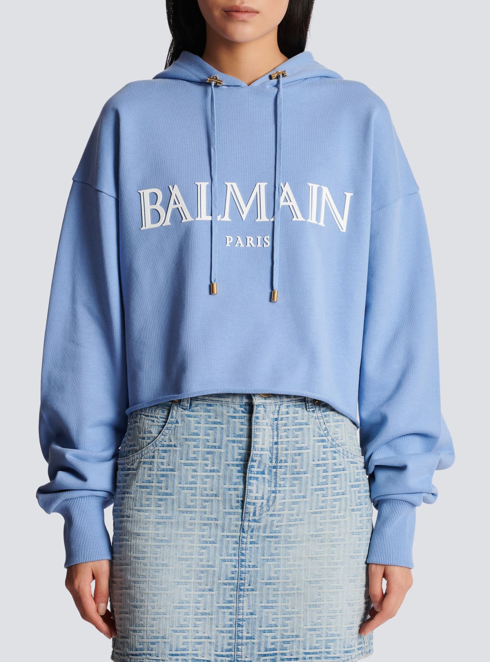 Women's Balmain Cropped With Rubber Roman Logo Sweatshirts Blue | USA BmZ4nBNE