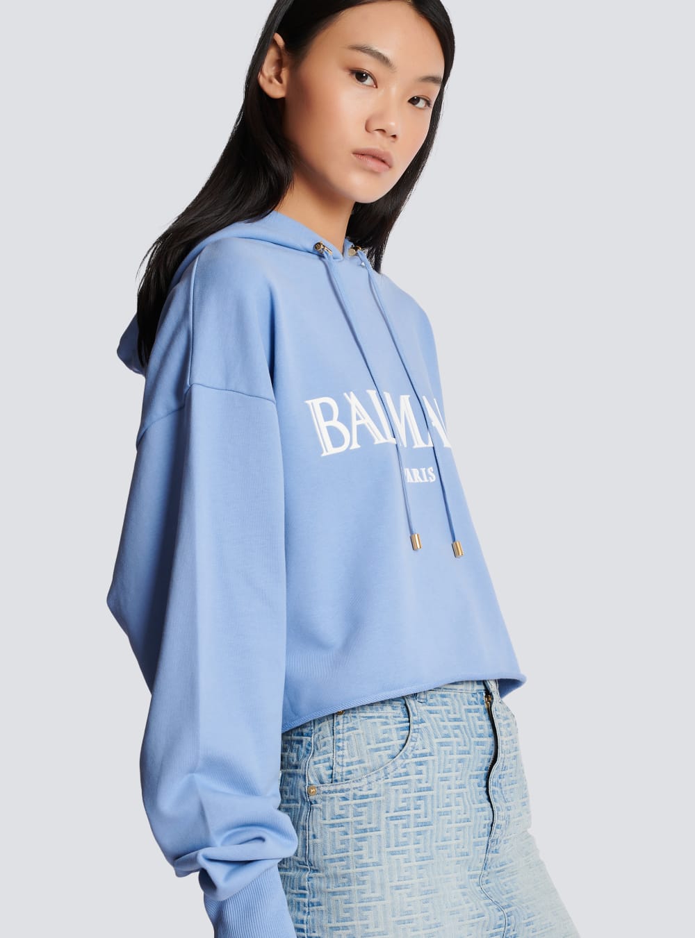 Women's Balmain Cropped With Rubber Roman Logo Sweatshirts Blue | USA BmZ4nBNE