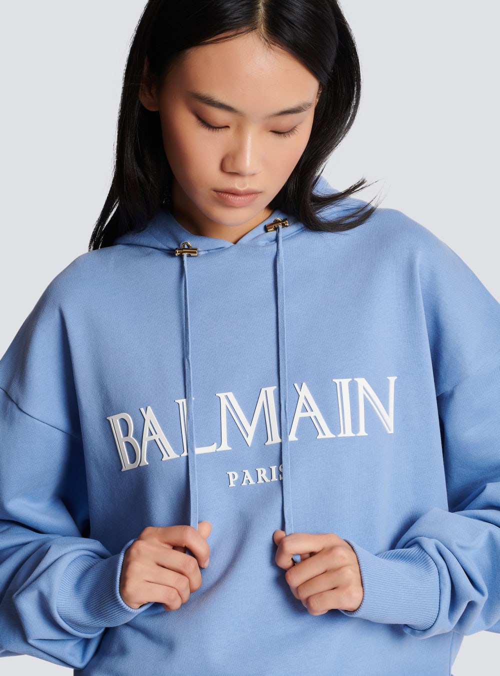 Women's Balmain Cropped With Rubber Roman Logo Sweatshirts Blue | USA BmZ4nBNE