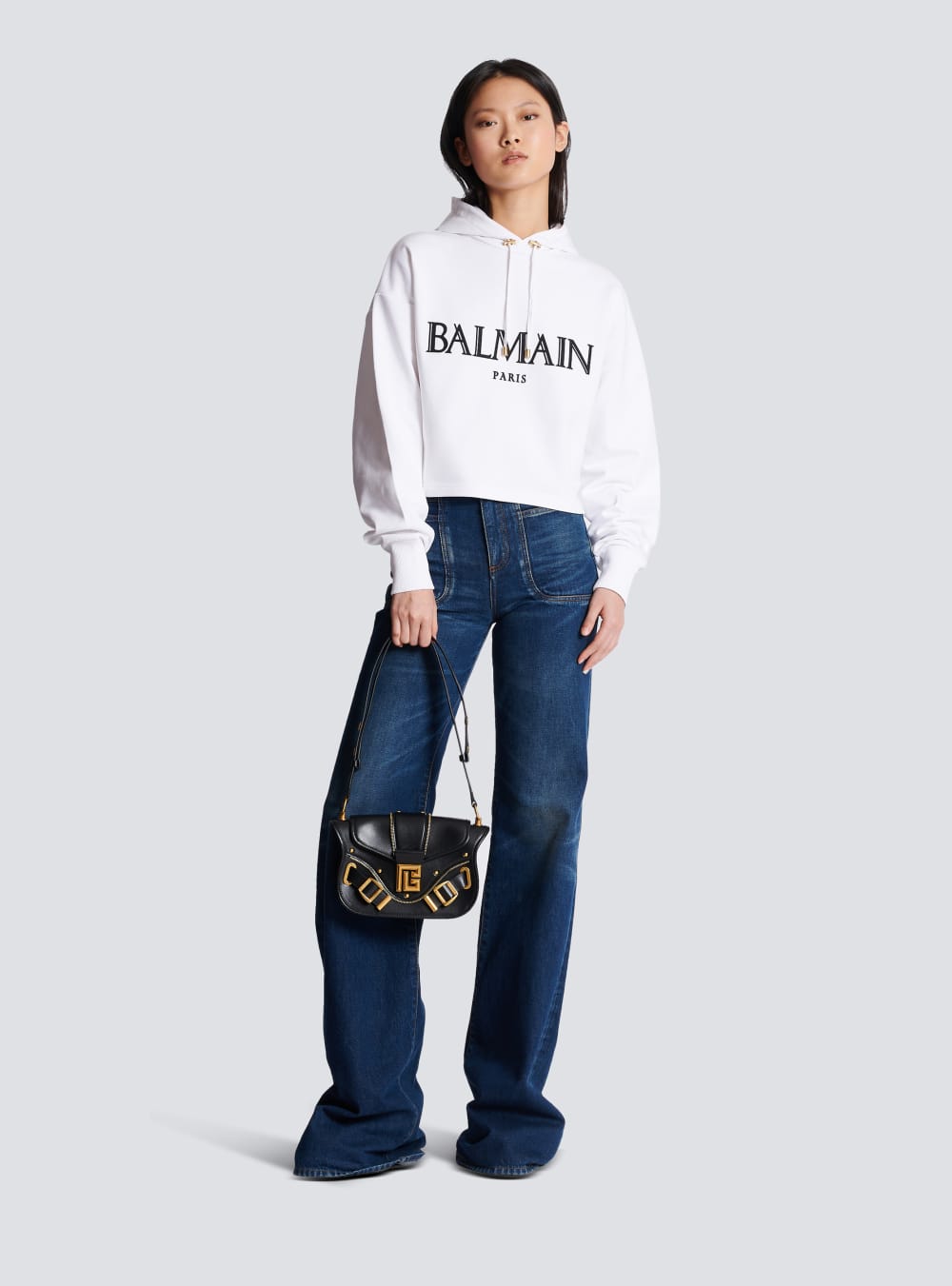 Women's Balmain Cropped With Rubber Roman Logo Sweatshirts White | USA EPNdqHTQ